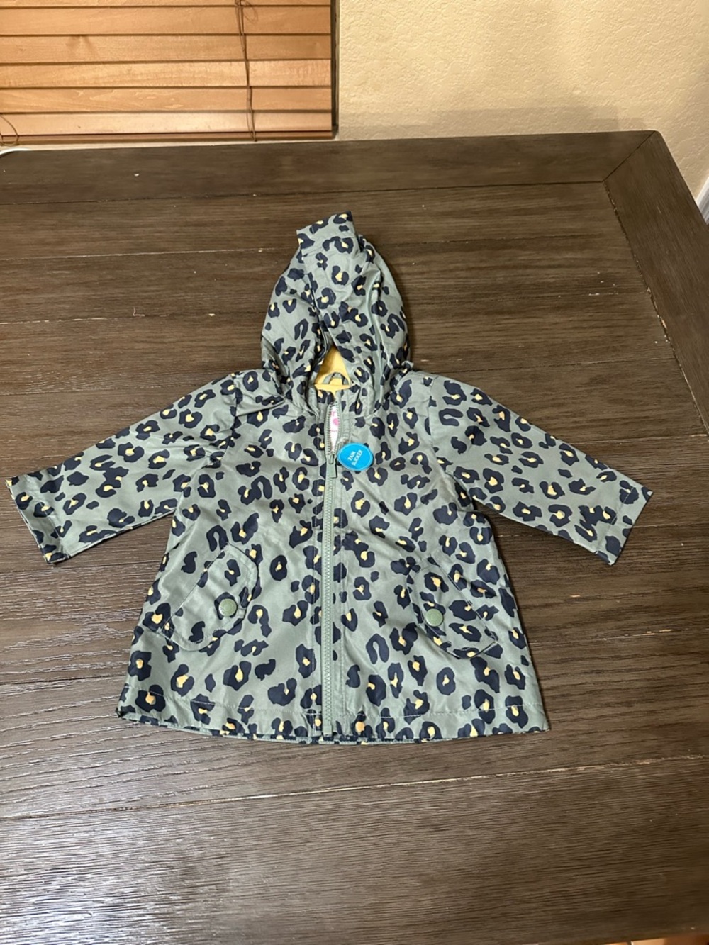 New! Carters 12mth Leopard Print Hooded Raincoat- Green,black & yellow
